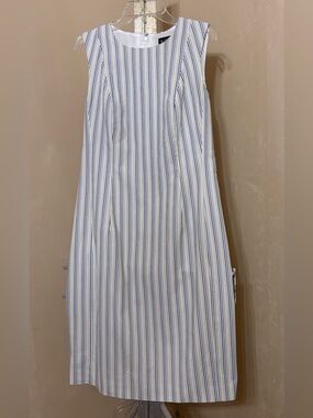 Brooks Brothers Blue/Yellow/White Striped Midi Shift Seersucker Dress Sz 4